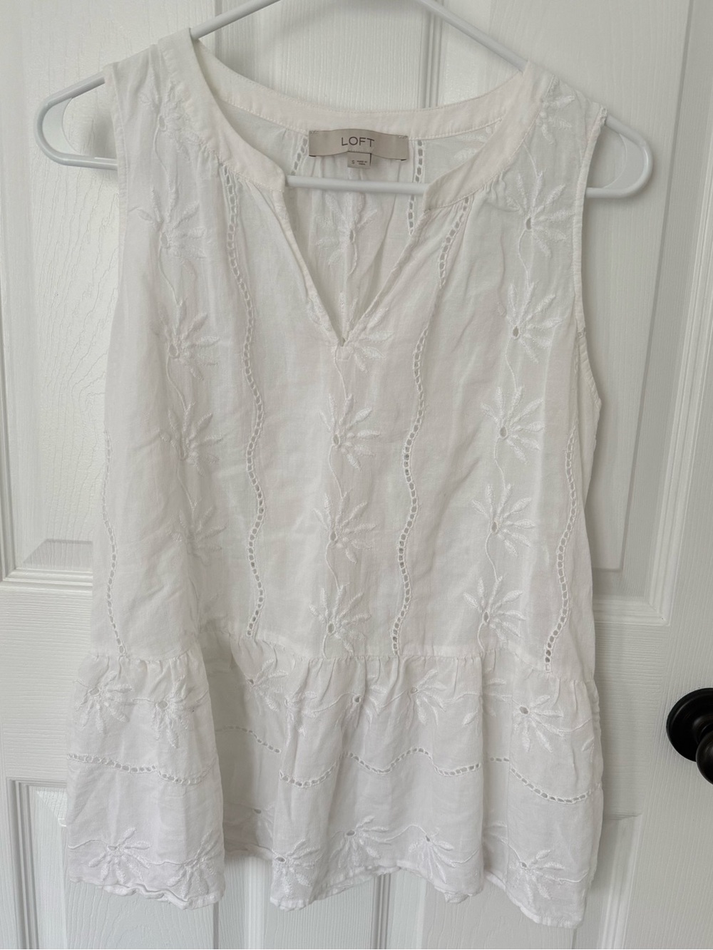 LOFT White V-Neck Eyelet Embroidered Top